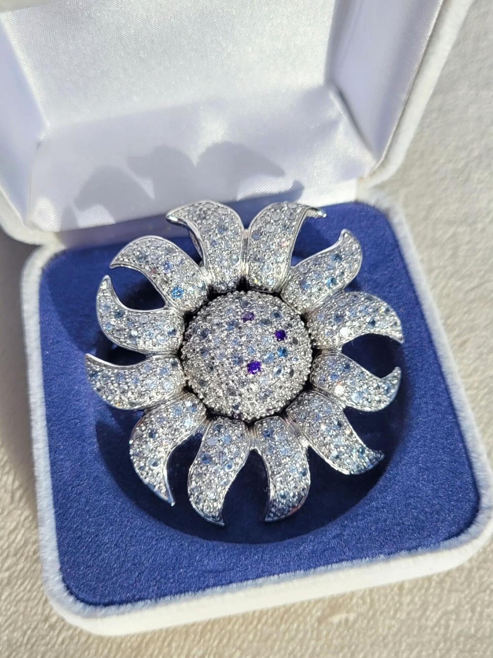 Sterling Silver Avon Pavé Crystal Sunflower Brooch Pendant in Box